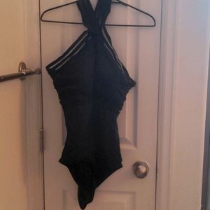 Black one-piece swimsuit with criss cross back